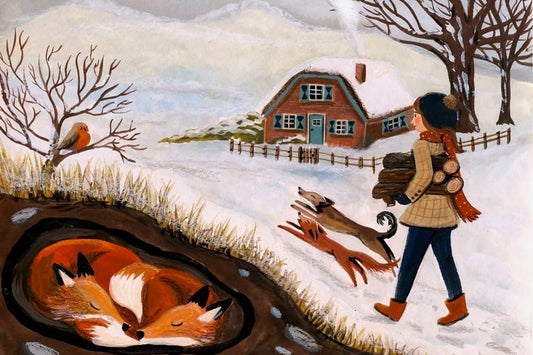 foxes and human in winter illustration